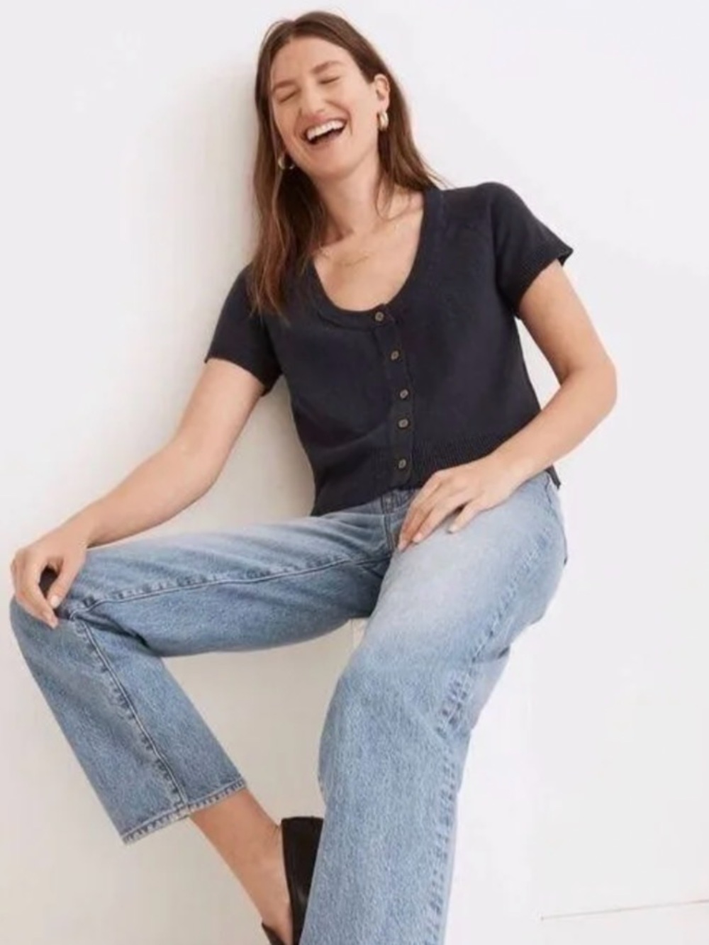 Madewell Short-Sleeve Scoop Neck Button Cardigan Tee - Navy